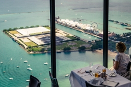 The view over Navy Pier from 360° Chicago in the John Hancock Center